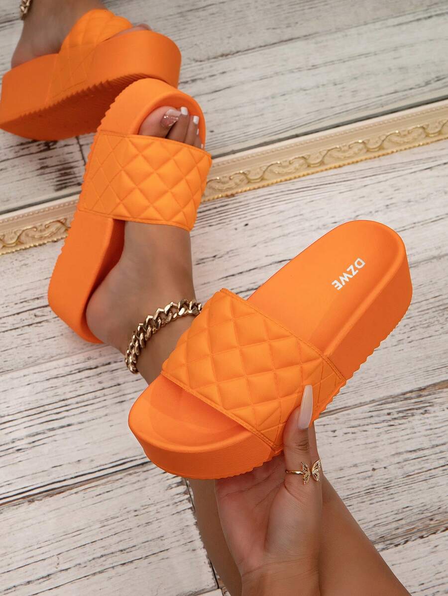 Nuevas sandalias cómodas para mujer de verano con suela gruesa y estampado de diamantes, estilo casual y aumentan la altura, ideales para uso en exteriores y playa - Naranja - Ver 1