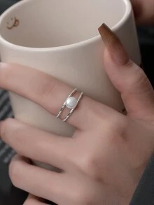 1pc Simple Double Layer Twisted Freshwater Pearl Sterling Silver Ring, Suitable For Daily Wear For Women - Gold - View 3