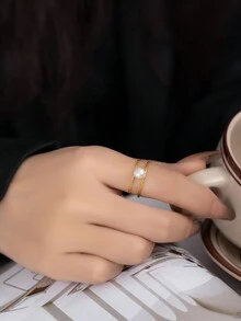 1pc Simple Double Layer Twisted Freshwater Pearl Sterling Silver Ring, Suitable For Daily Wear For Women - Gold - View 2