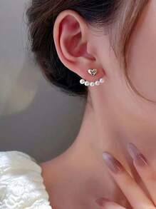 1pair Pearl Heart-Shaped Stud Earrings Sweet Style For Women - Versatile And Elegant Looking, Suitable For Daily Wear - Gold - View 3