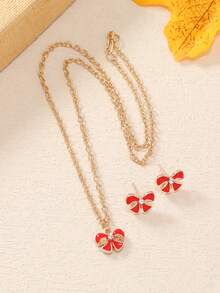 Cute Bowknot & Cartoon Colorful Necklace, 1pc Earring, 1pair Jewelry Set In Heart-Shaped Box For Girls, Party Gift - Multicolor - View 4