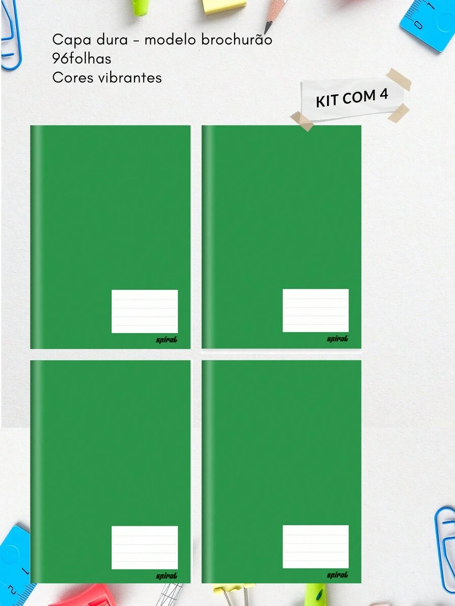 Kit 4 Cadernos Brochura Grande Capa Dura 96 Folhas Menino Menina Escolar Volta as Aulas - Verde - Visão 1