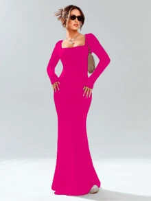 Vestido corte de sirena sexy ajustado - Rosa Fucsia - Ver 2