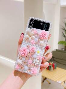 1 件 Diy 手工高端闪亮水钻与人造珍珠和玫瑰花朵图案电脑手机壳，适用于 Galaxy Z Flip 和 Galaxy Z Fold 手机 - 粉色 - 查看 1