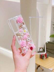 1 件 Diy 手工高端闪亮水钻与人造珍珠和玫瑰花朵图案电脑手机壳，适用于 Galaxy Z Flip 和 Galaxy Z Fold 手机 - 粉色 - 查看 6