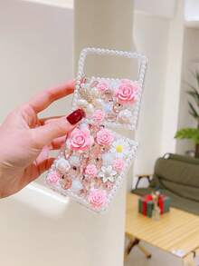1 件 Diy 手工高端闪亮水钻与人造珍珠和玫瑰花朵图案电脑手机壳，适用于 Galaxy Z Flip 和 Galaxy Z Fold 手机 - 粉色 - 查看 3