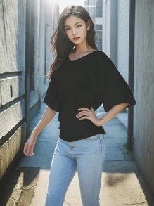 Fashion Casual Fashion Loose Short Sleeve Shirt Women - Black - View 2