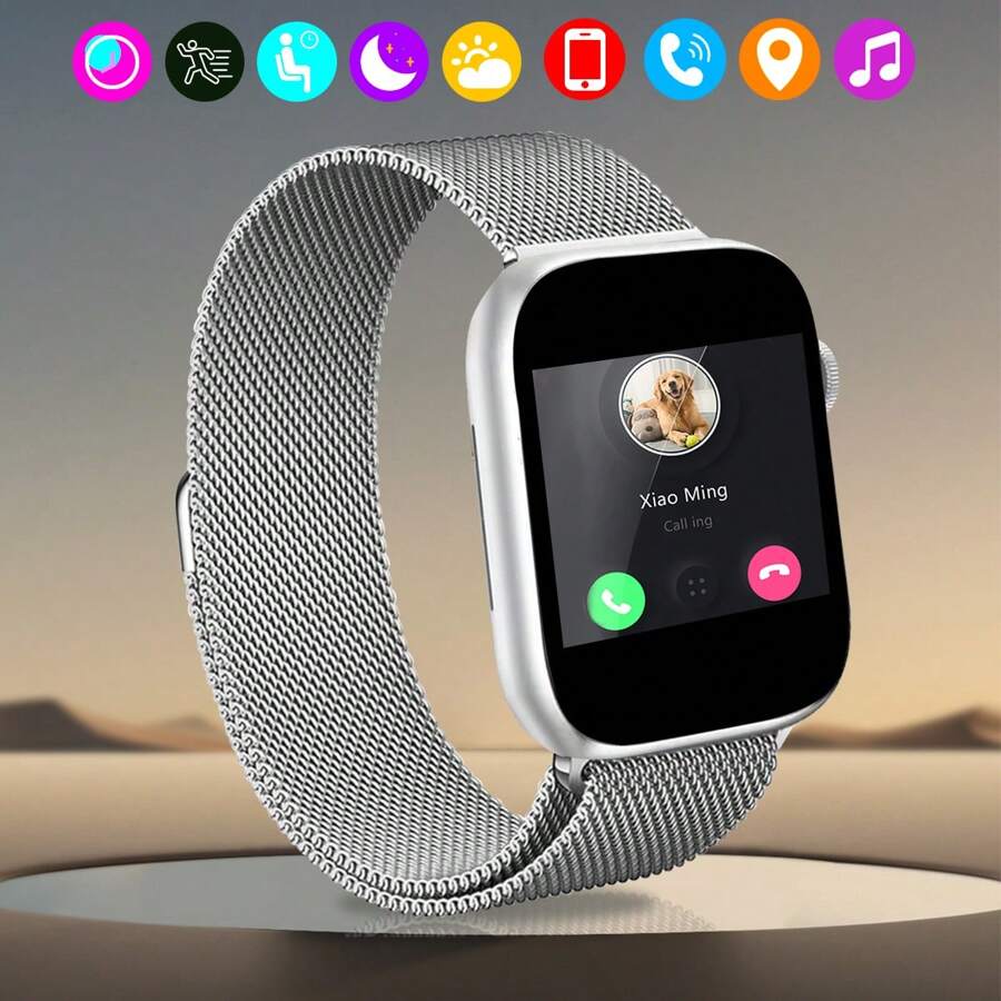 Smart Watch With Steel Band, Call Function, Music Player, Step Counter, Sports Tracker, 2.01-Inch Screen - Silver - View 1