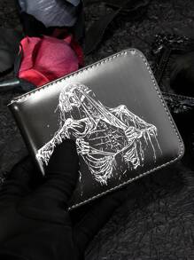 1pc Black PU Skull Design Wallet With Two Folded Zipper PUnk Style Pirate Goth Wallet Halloween For Men Wallet Purse Wallet Men Wallet Leather - Black - View 5
