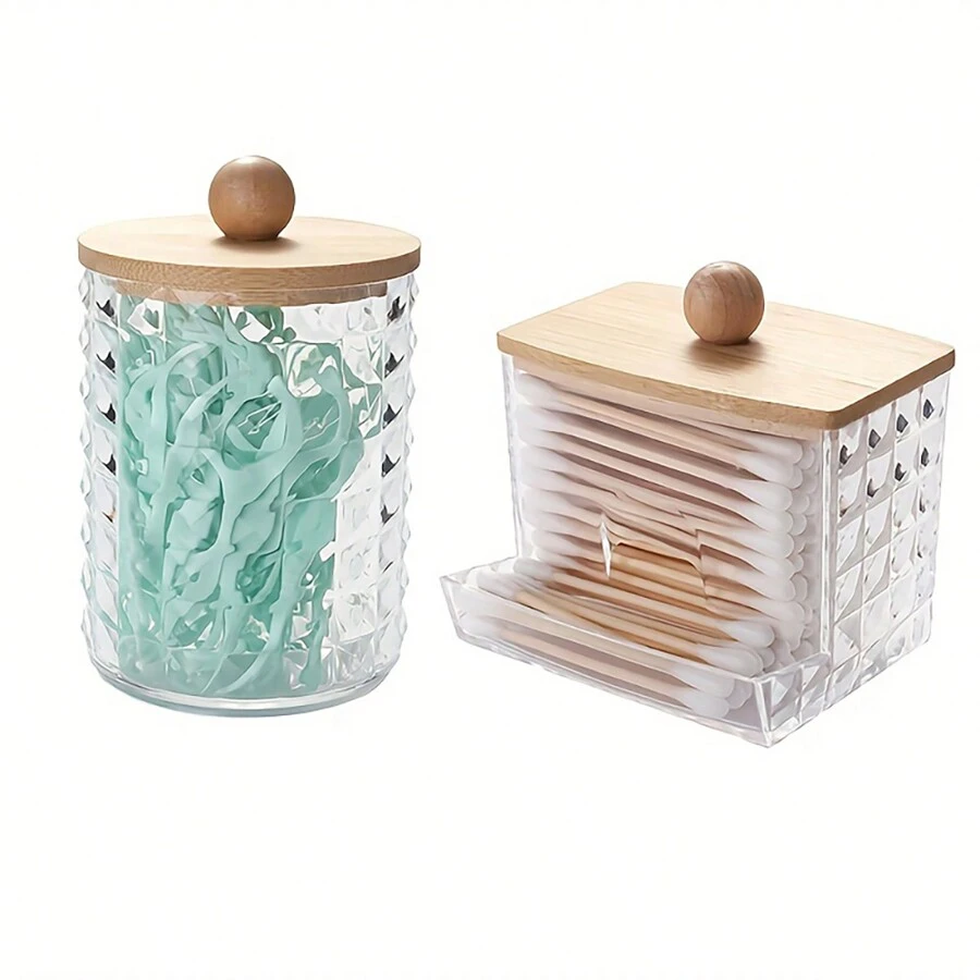 2入組棉花棒收納盒帶蓋，10/7盎司球形/棉球分配器，透明鑽石圖案藥劑組織罐，用於收納 - 2pcs - 查看 1