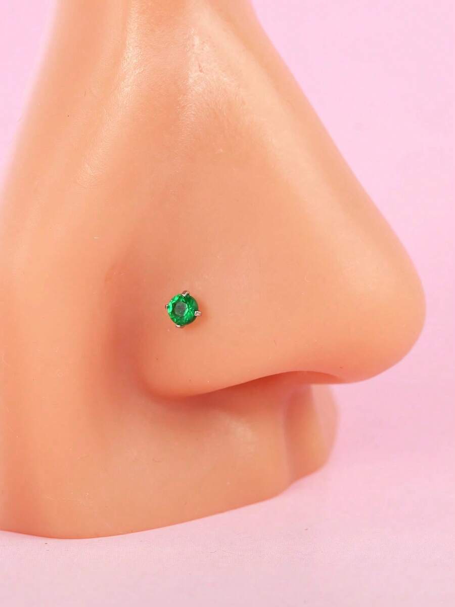 新品迷你立方鋯石裝飾不鏽鋼鼻針,個性化時尚配件 - 綠色 - 查看 1