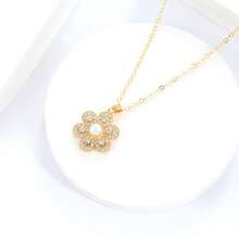 1入流行閃亮鑽石和珍珠吊墜項鍊,優雅的花形鎖骨鏈首飾,適用於派對裝飾配件 - 金色 - 查看 6