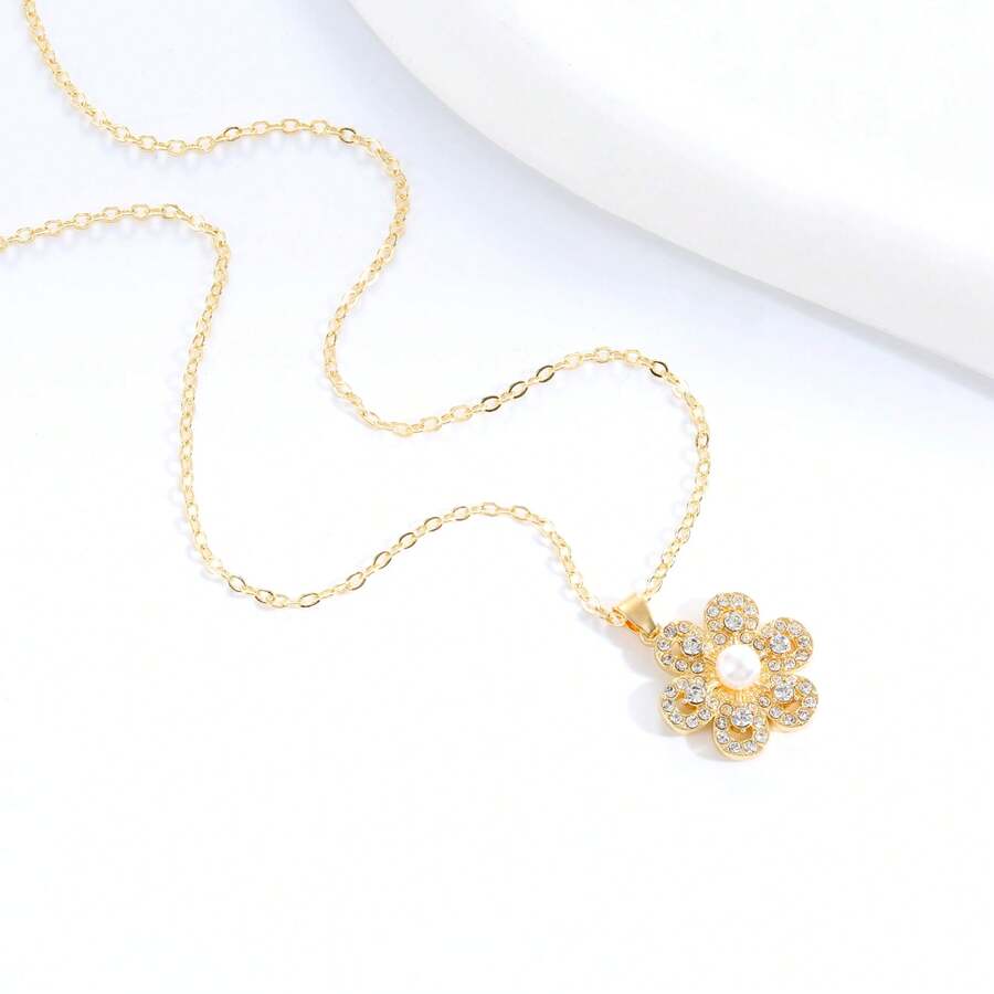 1入流行閃亮鑽石和珍珠吊墜項鍊,優雅的花形鎖骨鏈首飾,適用於派對裝飾配件 - 金色 - 查看 1