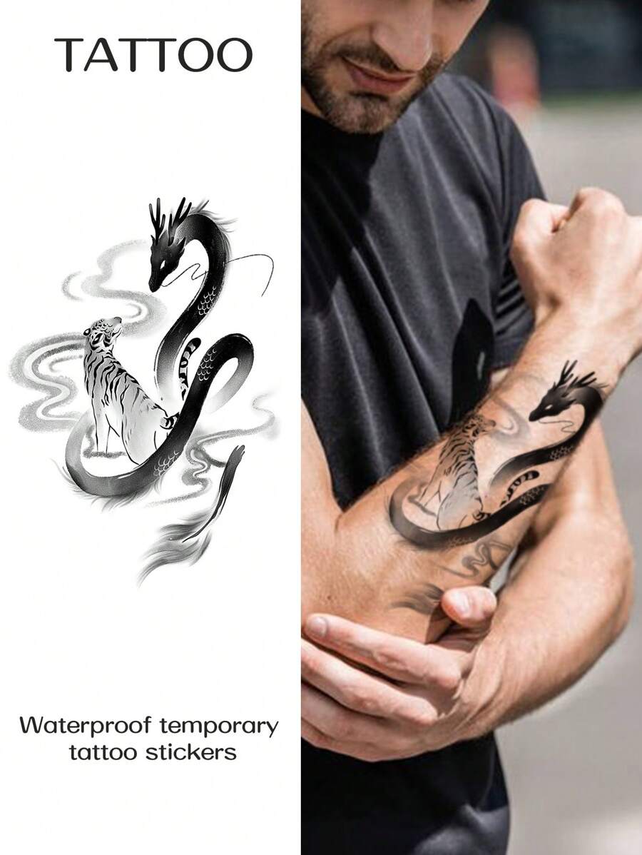 1張龍虎刺青貼防水持久帥氣男手臂 - 黑色 - 查看 1