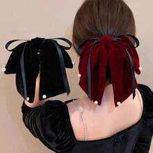 1pc Women's Velvet Bowknot Hair Claw With Woven Band, Simple And Elegant Hair Accessory For Party, Festival And Daily Use - Black - View 1