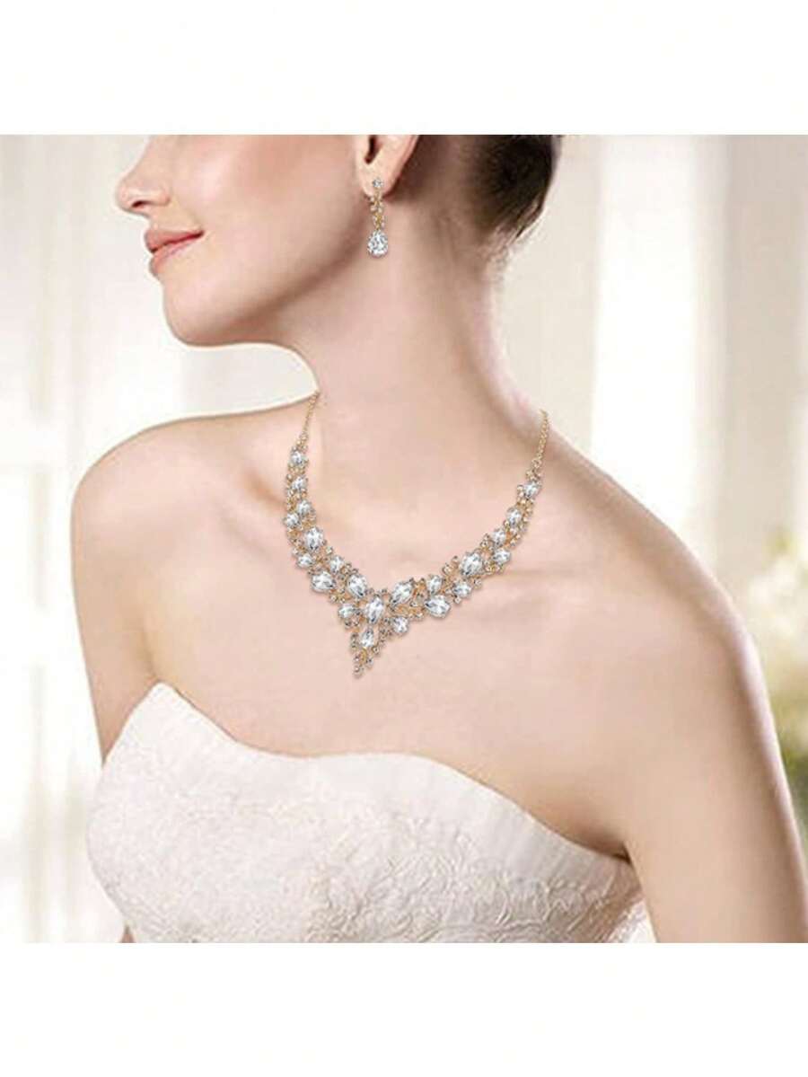 TRIXY Wedding Bridal Jewelry For Women Crystal Teardrop Cluster Statement Necklace Dangle Earrings Set - White - View 1