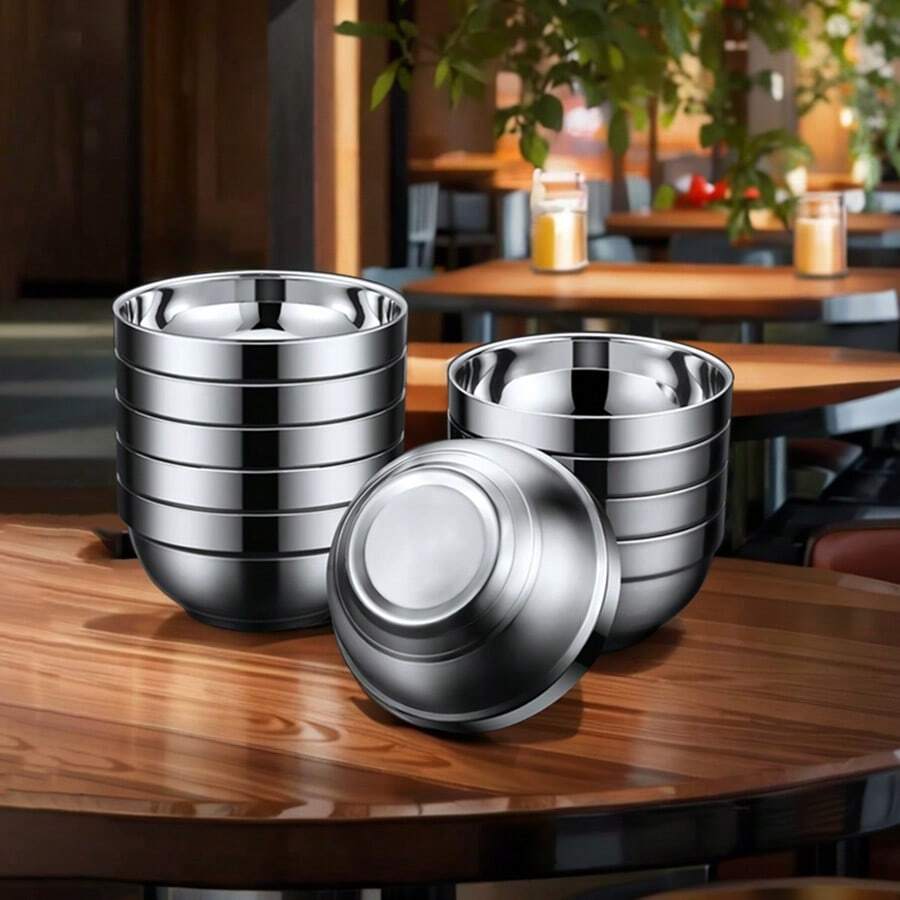 Han Xiao 3入組雙層不銹鋼碗,12cm / 14cm / 16cm,適合米飯,水果,麵條,適用於兒童和成人,保溫,防燙兒童用碗,防銹,防震,易於清潔,廚房用品 - 銀色 - 查看 1