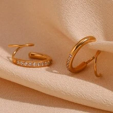2對組時尚極簡不鏽鋼螺旋及鑽石釦式耳環 - 金色 - 查看 8