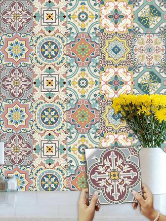 1 Juego De 10 Uds. De Pegatinas Autoadhesivas Removibles Para Azulejos De Pvc Con Diseños Florales, Adecuadas Para Decoración Del Hogar