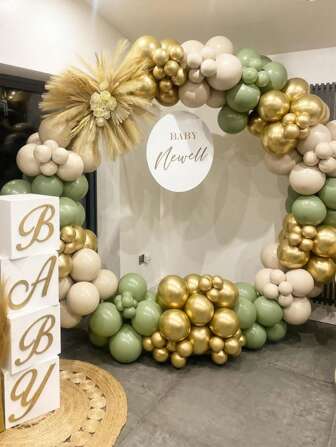 140件套米绿色气球拱门装饰套装，适用于性别揭晓派对、婴儿派对、婚礼、儿童生日派对、气球洗礼等场合。