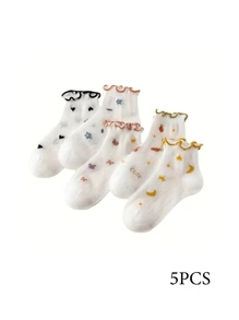 5pairs Girls' Cartoon Flower & Heart Pattern Stretchy Crew Socks With Foldover Cuff, Spring/Summer - Multicolor - View 5