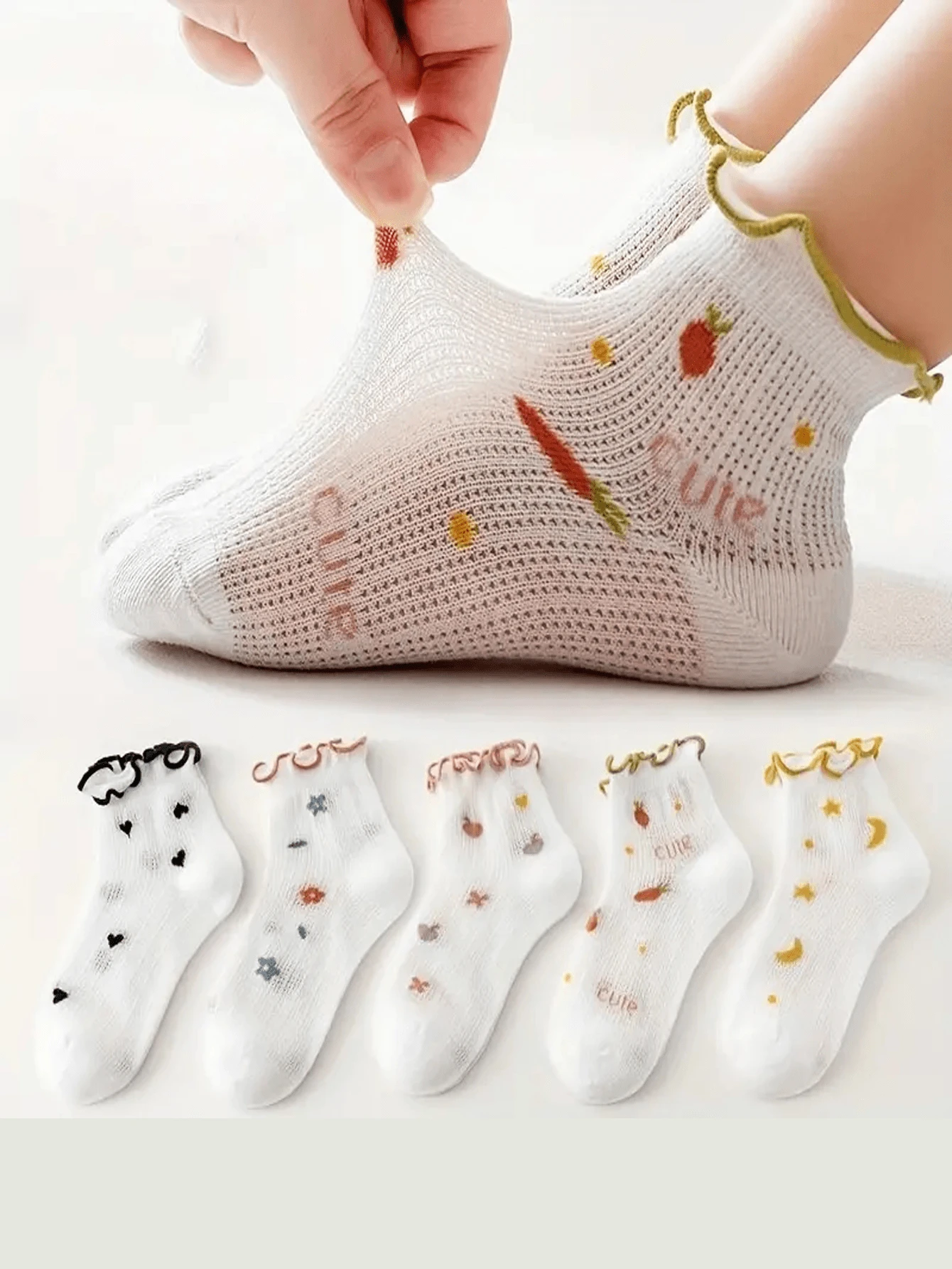 5pairs Girls' Cartoon Flower & Heart Pattern Stretchy Crew Socks With Foldover Cuff, Spring/Summer - Multicolor - View 1