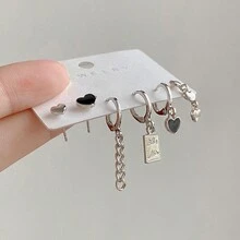 3pairs Teen Girls' Cute Heart Chain Design Earrings With Sophisticated Sense Of Style And - Silver - View 4