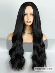 24 英寸长棕色女士假发天然合成发合成假发散卷假发耐热 - 黑色 - 查看 3