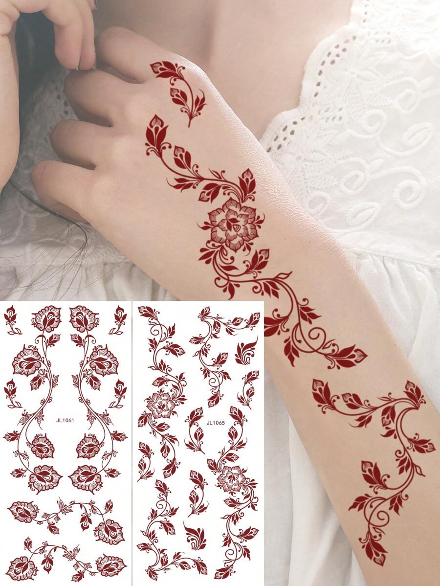 2 Sheet Flower Henna Tattoo Sticker Maroon Waterproof Hand Tattoo For Women Party Decals - Brown - View 1