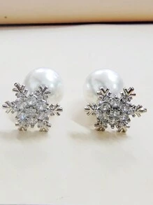 Cubic Snow Flower Double Side Pearl Stud Earring - Gold - View 3