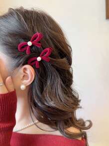 2pcs BurgundyFaux Pearl Plush Bowknot Hair Clips - 1pair - Burgundy - View 1