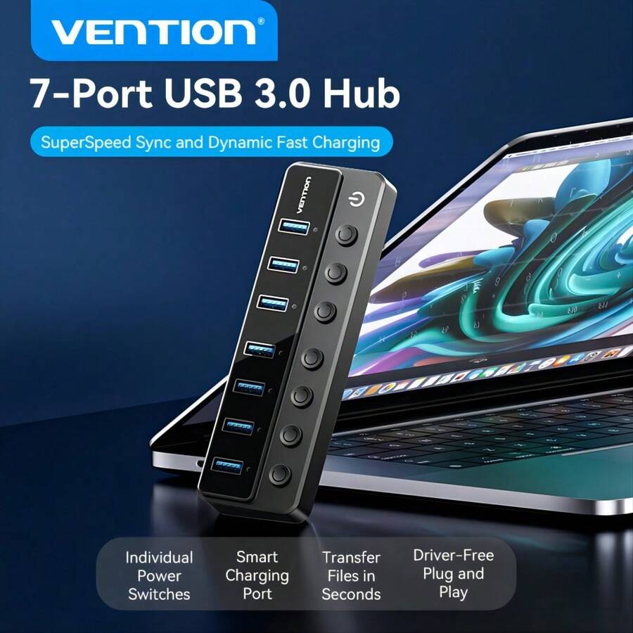 Vention Usb 3.0集線器,8個usb 3.0端口,7個歐式插頭,黑色美式插頭usb底座,帶有dc 12v / 2a電源適配器,type C轉usb擴展線適用於具有電源開關和dc 5.5毫米電源適配器的筆記型電腦pc - 黑色 - 查看 1
