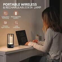 WeiSpecia 適用於室內/室外的便攜式金屬檯燈,可充電無線 Led 燈,3 色無限調光電池供電小檯燈,餐廳/臥室/酒吧/咖啡廳/露營燈 - 黑色 - 查看 4