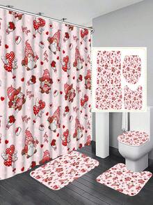 4pcs/Set Creative Valentine'S Day Heart Tree & Truck Pattern Printed Shower Curtain Set, Including Bathroom Curtain, Carpet, Toilet Cover, Non-Slip Mat And 12 Hooks - Multicolor - View 1