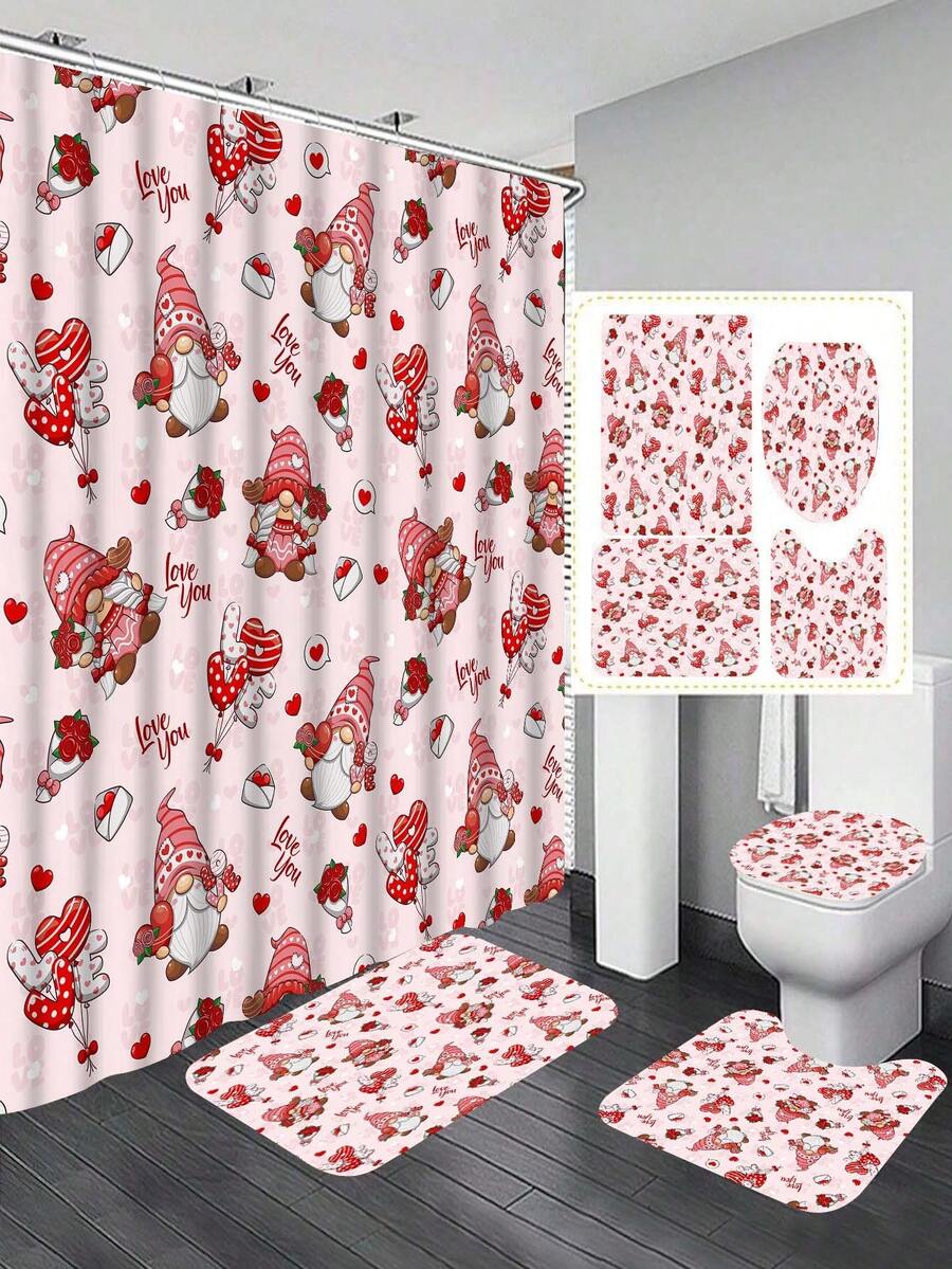 4pcs/Set Creative Valentine'S Day Heart Tree & Truck Pattern Printed Shower Curtain Set, Including Bathroom Curtain, Carpet, Toilet Cover, Non-Slip Mat And 12 Hooks - Multicolor - View 1