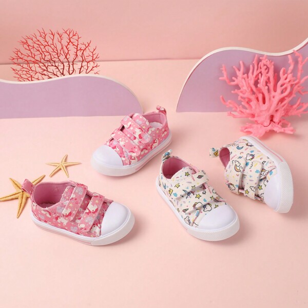 GENGASUN Toddler Girl Sneakers Dual Hook And Loops Shoes For Kids Baby Canvas Light Flat With Cartoon Print