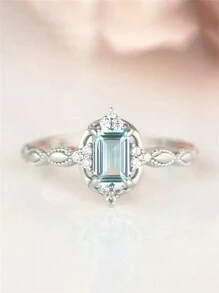 1枚女孩優雅藍色立方氧化鋯戒指,適用於兒童生日禮物、派對珠寶及日常裝飾 - 銀色 - 查看 1