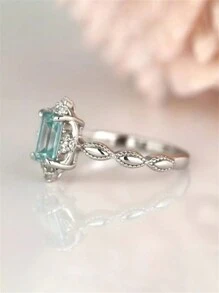 1枚女孩優雅藍色立方氧化鋯戒指,適用於兒童生日禮物、派對珠寶及日常裝飾 - 銀色 - 查看 3