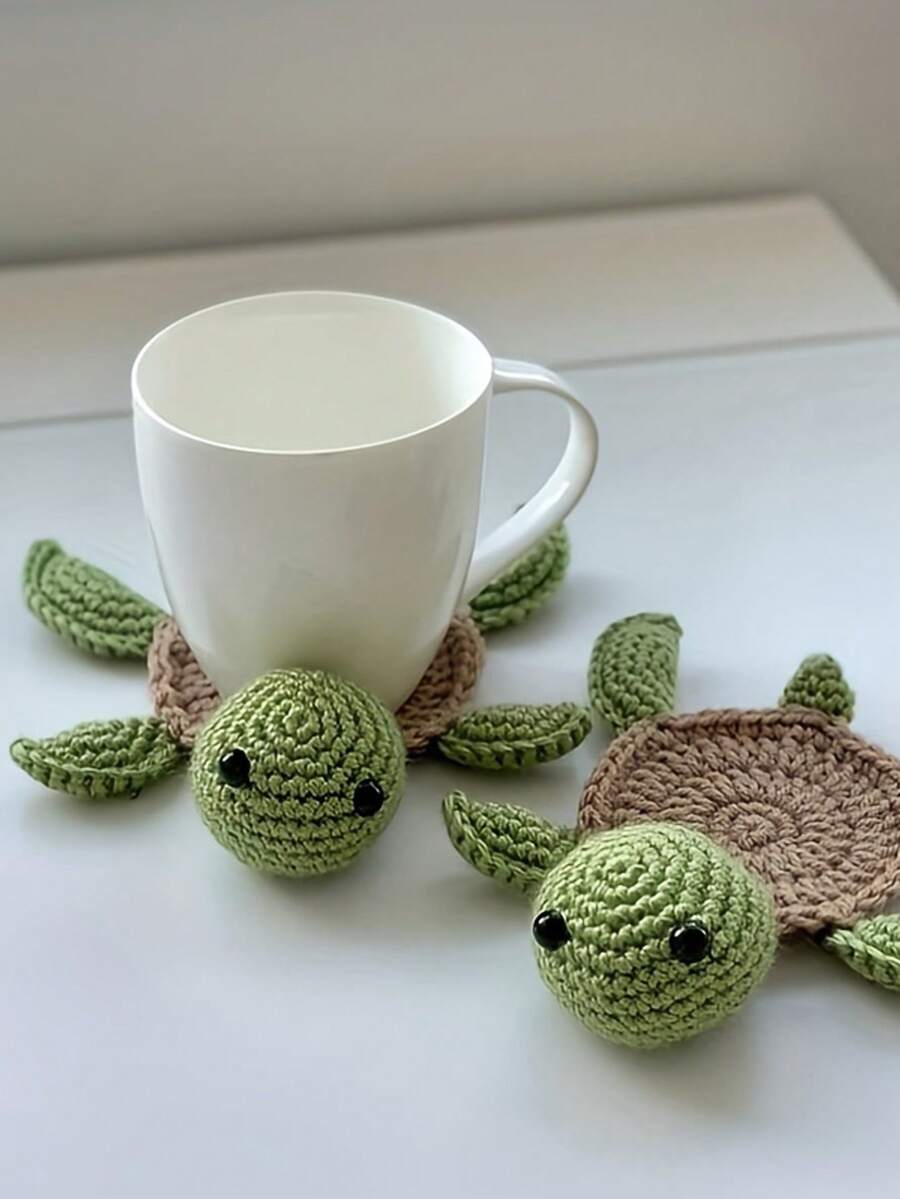 1pc Handmade Adorable Turtle & Lamb Shaped Cup Coaster, Heat Insulation For Table Protection In Restaurant/Hotel/Commercial Space - Green - View 1