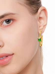 1pair 18k Gold Plated Cubic Zirconia Geometric Circle Design Earrings, Ideal For Women's Daily Wear, Valentine's Day, Festival Gift, Black/White/Blue/Green/Pink - Green - View 2