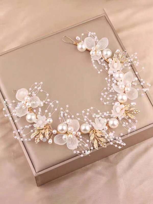 1 Peça Faixa de Cabelo de Estilo Rústico para Noiva, Decorada com Pérolas Falsas, Contas e Flores, para Penteados Elegantes e Frescos, Headband Boho, Turbante, Faixa de Suor