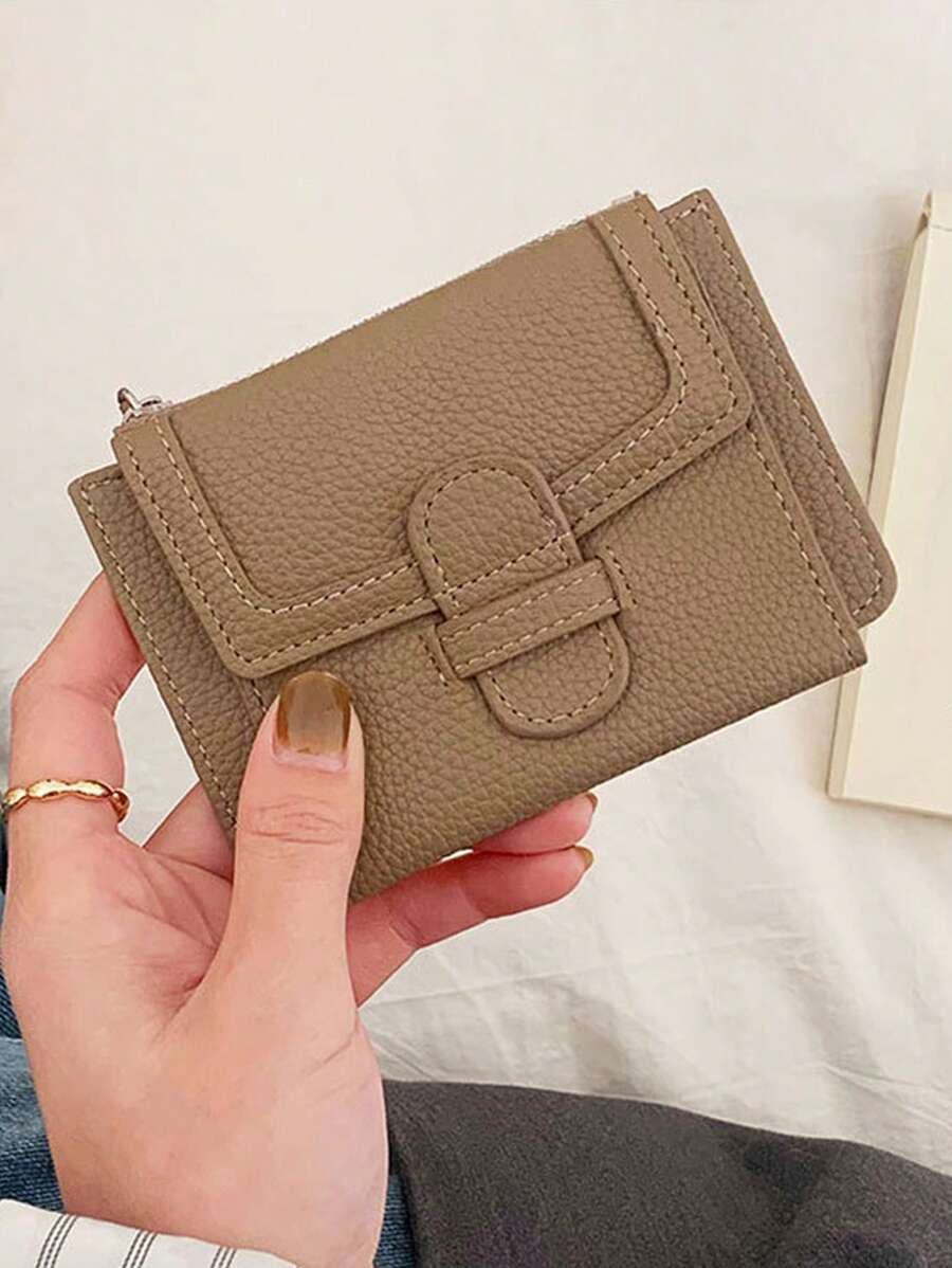NỮ Màu thuần Quả vải Mẫu Khép kín Nhiều Thẻ Máy đánh bạc Gấp ba Chiều Ví thẻ Ví Đối với Sinh viên Với dây kéo Huy hiệu tiền xu) Túi - màu nâu - Xem 1