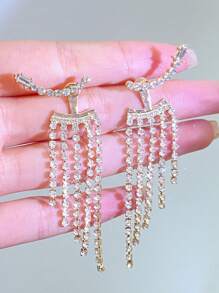 1pair Glamorous Zinc Alloy Rhinestone Tassel Decor Earring Jackets For Women For Party - Yellow Gold - View 2