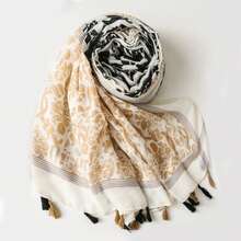 1條180*90cm女式柔軟保暖圍巾,戶外防曬披肩,四季防風圍巾,流行印花流蘇沙灘披肩,卡其色長方形圍巾 - 卡其色 - 查看 2