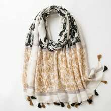 1條180*90cm女式柔軟保暖圍巾,戶外防曬披肩,四季防風圍巾,流行印花流蘇沙灘披肩,卡其色長方形圍巾 - 卡其色 - 查看 1