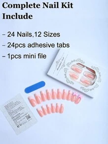 Express Your Love with 24 pcs long square press on nails peach pink girl Pearl pink bow Fairy Strawberry Milk flowing heart everything fake nail with 1 piece jelly and 1 file strip - Multicolor - View 3