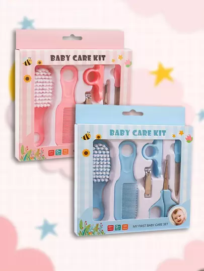 6pcs Newborn Baby Nail And Hair Care Kit In Blue Including Beauty Brush, Comb And Nail Set For Home Use
