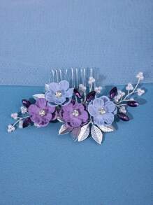 1 件女士優雅藍色和紫色簡約花朵設計手工髮梳,帶有珍珠髮夾。適合禮服、婚禮、新娘、日常使用 - 淺藍色 - 查看 4