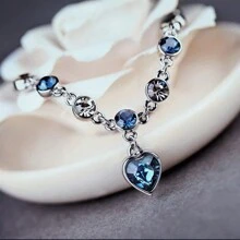 1條鍍銀心型水晶細節羅馬手鍊,時尚手腕飾品 - 藍色 - 查看 5