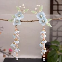 1pc Tassel Decor Hair Clip, Matchable With Hanfu, Soft Color, Faux Pearl Texture, Suitable For Making Formal Hairstyles And Female Dress Accessories - Blue - View 1